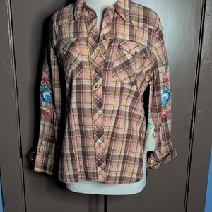 Plaid Shirt with Floral Sleeve Embroidery